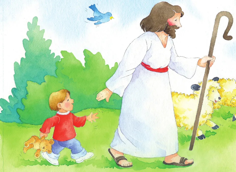 Wordless eBook scene: Jesus walking with a shepherd's staff and sheep as a boy with a teddy bear follows him