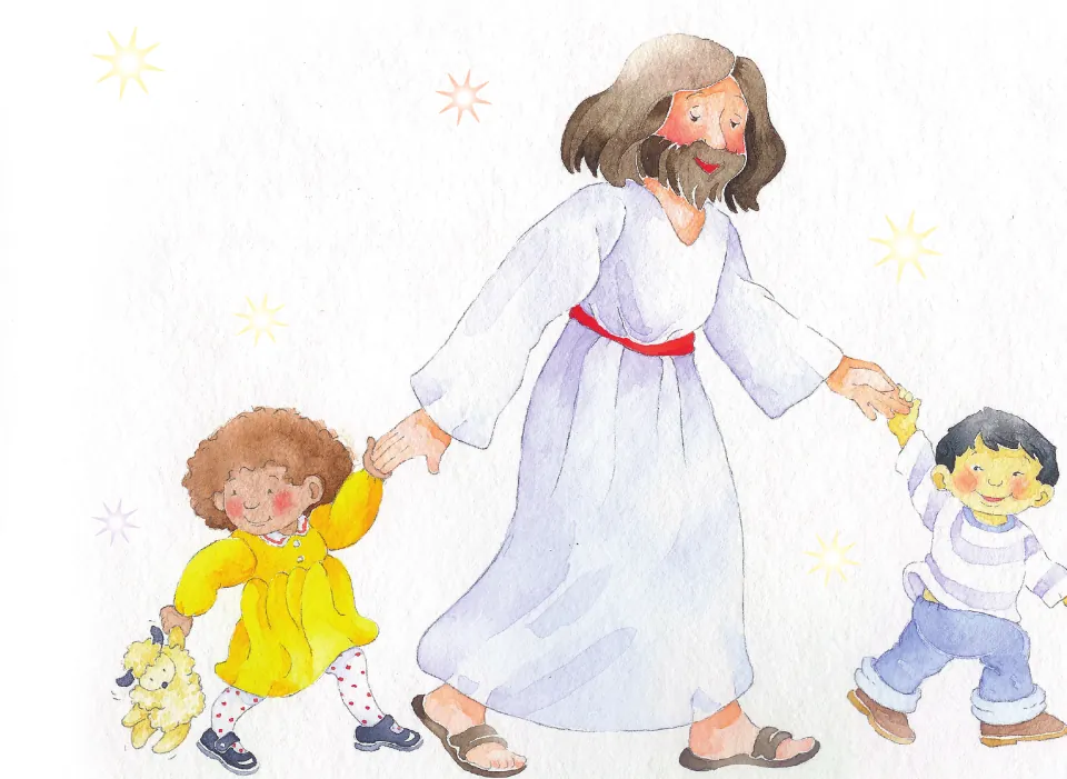 Wordless eBook art: Jesus walking hand in hand with two small children, a girl in yellow holding a toy lamb