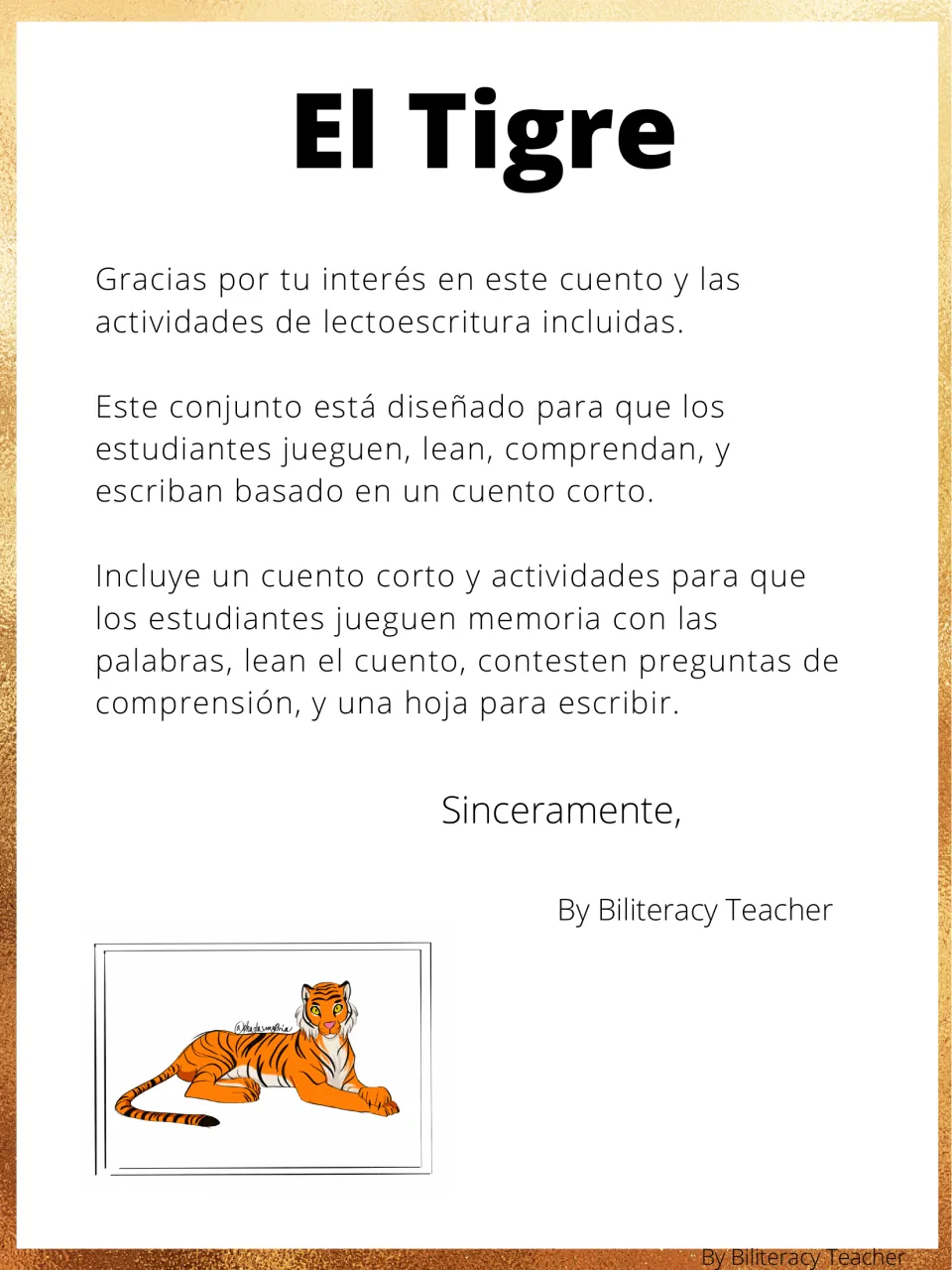 Introduction to the Spanish tiger packet describing reading, memory games, comprehension questions, and writing