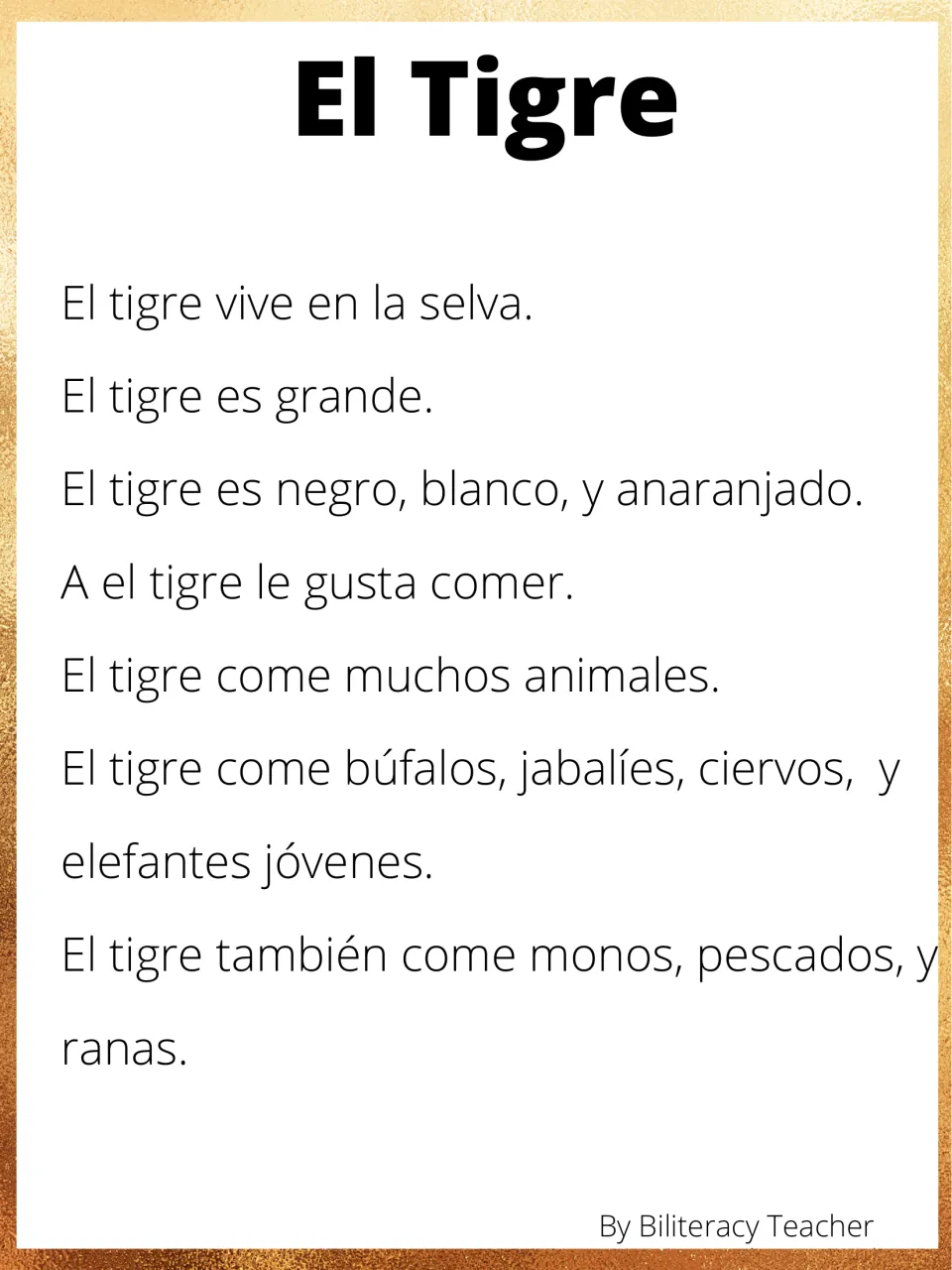 Spanish tiger reading with seven sentences about its jungle habitat, size, colors, and the animals it eats