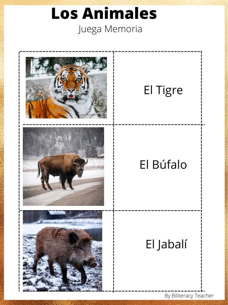 Animal memory pairs 1–3: tiger, buffalo, and wild boar photos matched to El Tigre, El Búfalo, and El Jabalí