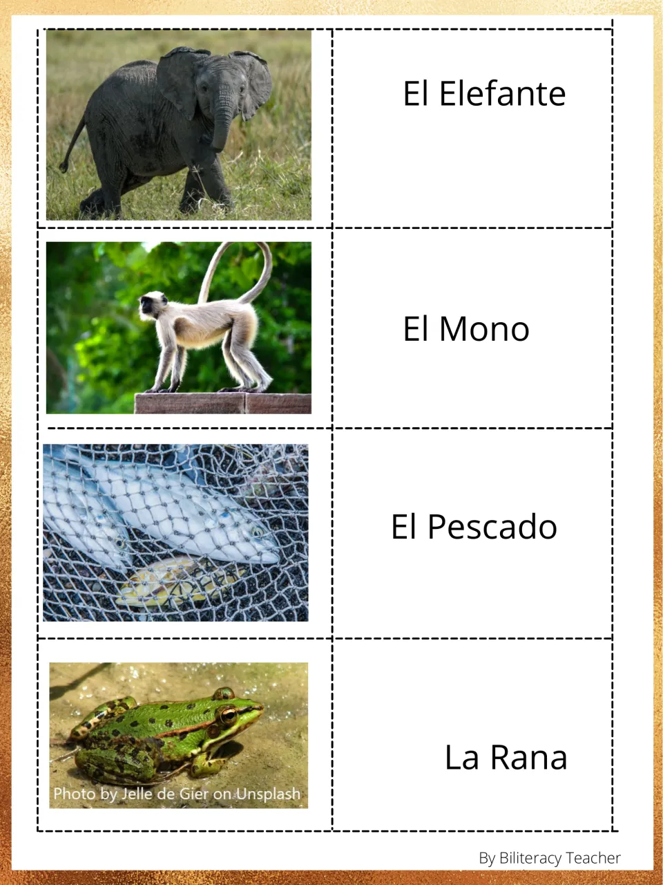 Animal memory pairs 4–7: photos and Spanish labels for elefante (elephant), mono (monkey), pescado, and rana