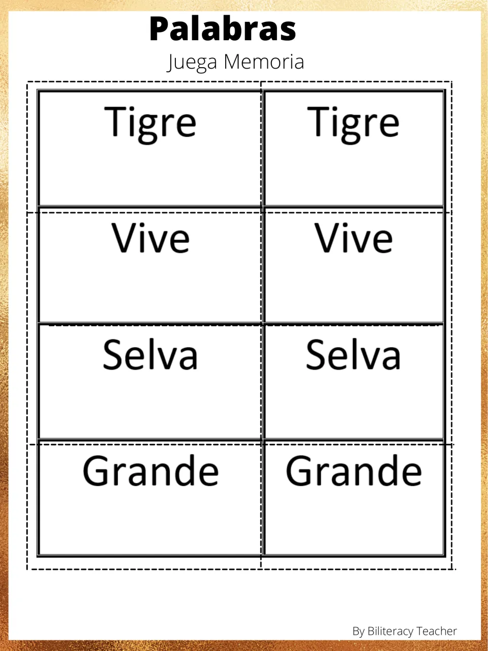 Vocabulary memory pairs 1–4: Tigre (tiger), Vive (lives), Selva (jungle), and Grande (big), each printed twice