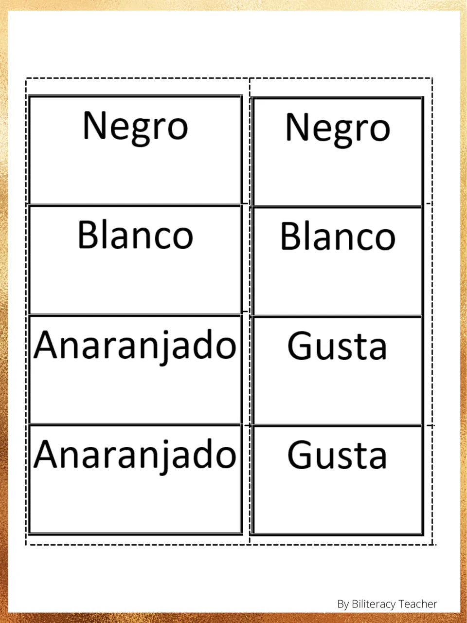 Vocabulary memory pairs 5–8: Negro (black), Blanco (white), Anaranjado (orange), and Gusta (likes), twice each