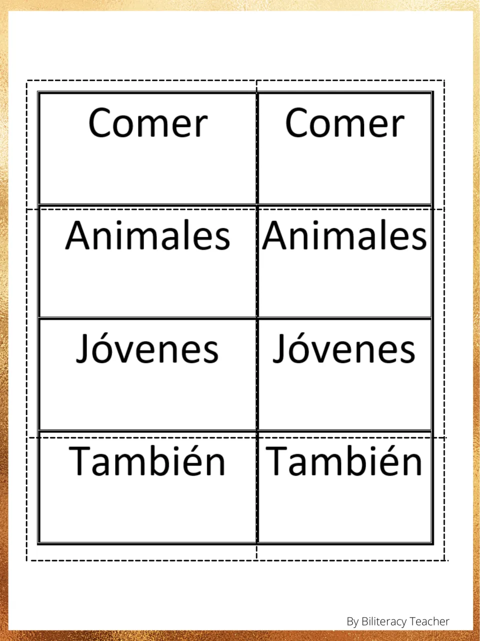 Vocabulary memory pairs 9–12: Comer (to eat), Animales (animals), Jóvenes (young), and También (also), twice each