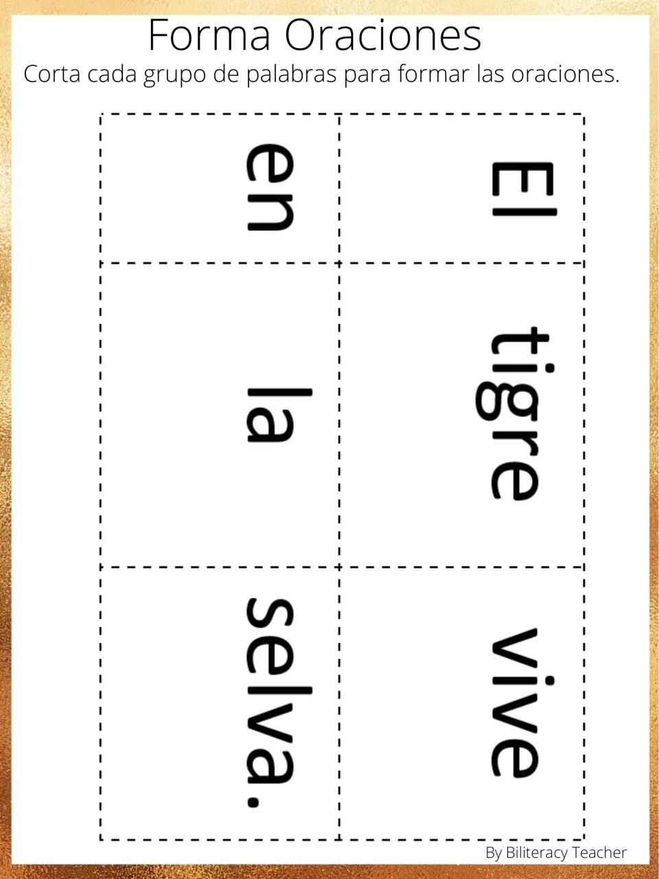 Sentence-building cutouts: six words form “El tigre vive en la selva.” (The tiger lives in the jungle.)
