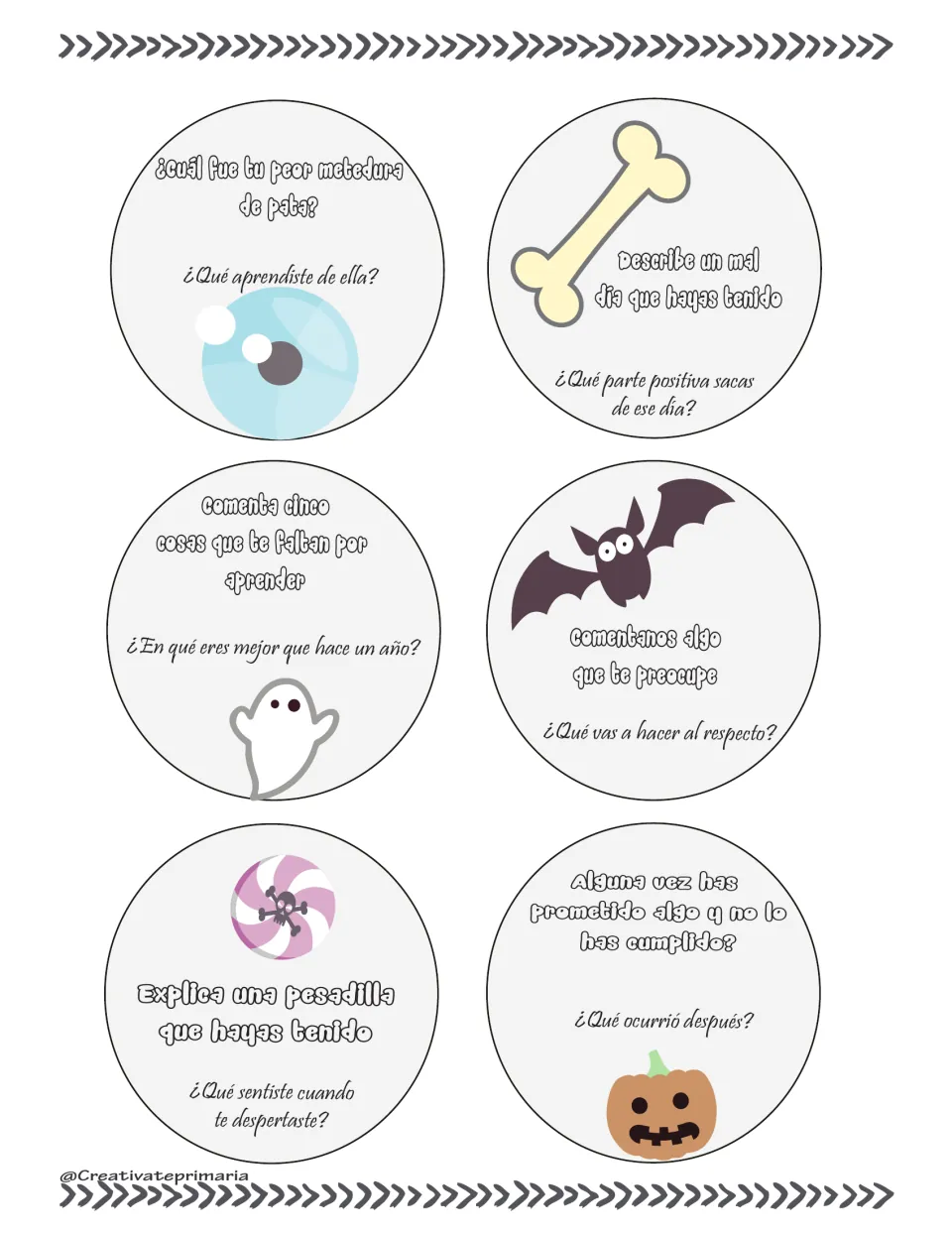 Spanish question cards 1–6 cover mistakes, bad days, learning, worries, nightmares and broken promises