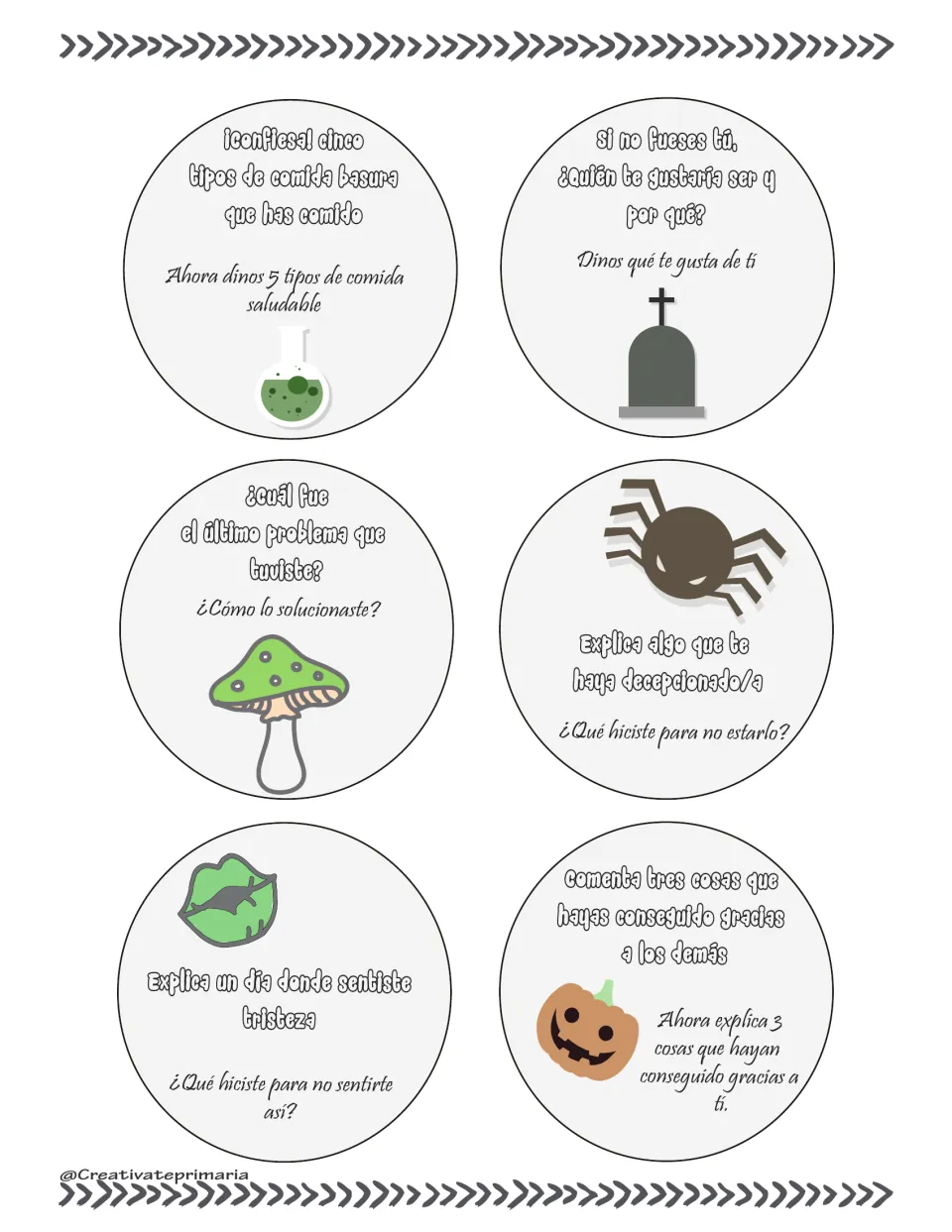 Spanish question cards 7–12 explore food choices, self-image, problems, disappointment, sadness and helping