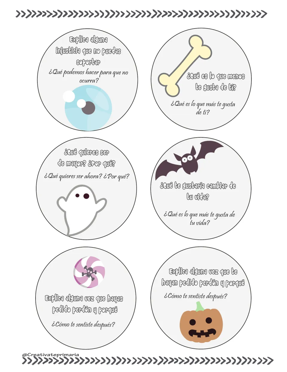 Spanish question cards 13–18 ask about injustice, self-esteem, future goals, life changes and apologies