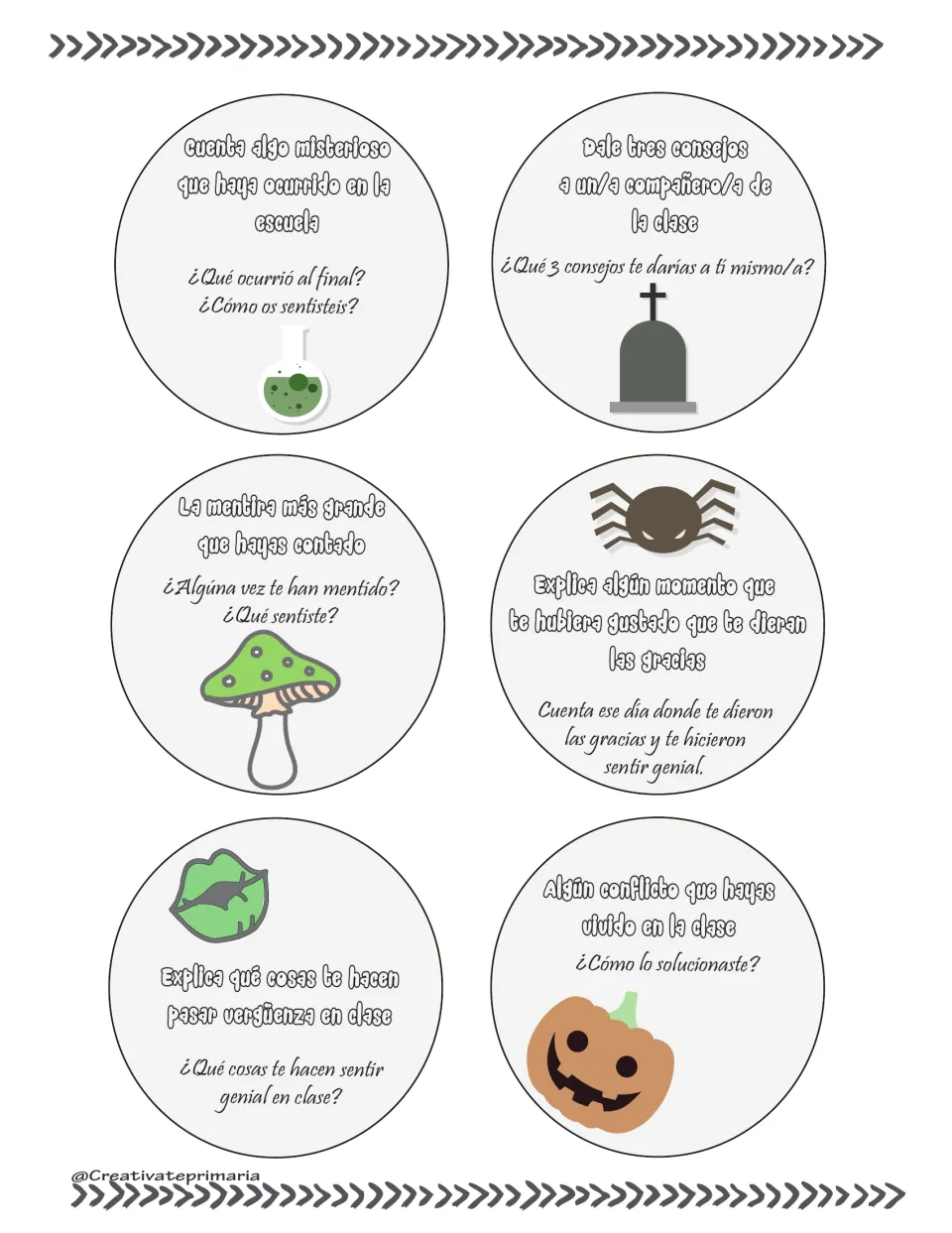 Spanish question cards 19–24 address school mysteries, advice, lies, gratitude, embarrassment and conflict