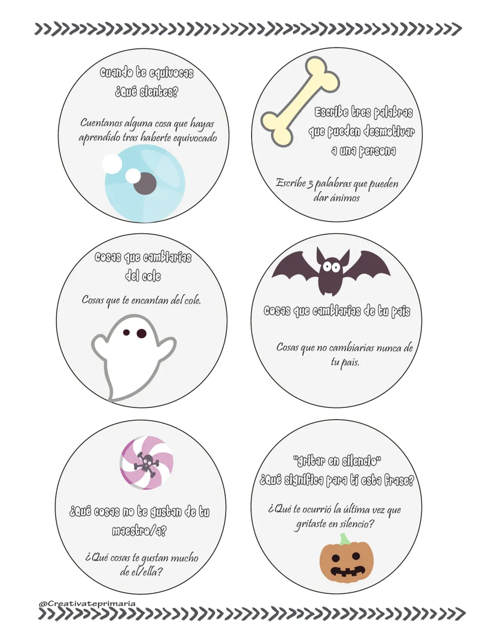 Spanish question cards 25–30 explore mistakes, hurtful words, school, country, teachers and silent distress