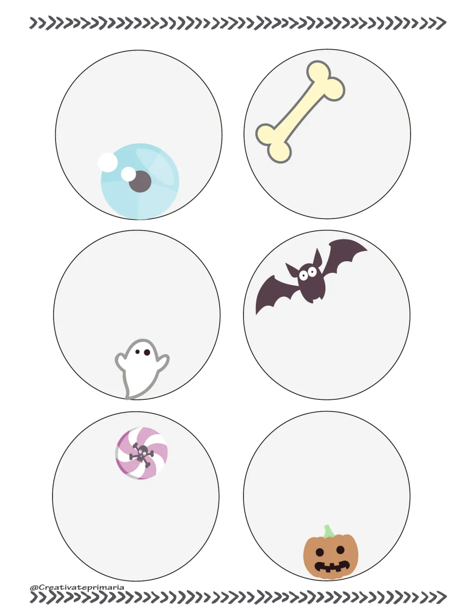 Blank game cards 1–6 for custom prompts feature an eyeball, bone, ghost, bat, candy and pumpkin