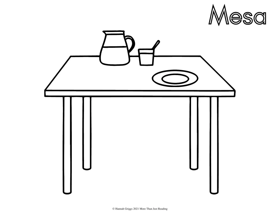 Mesa, the Spanish word for table: students color a table set with a pitcher, a cup with a straw and a plate