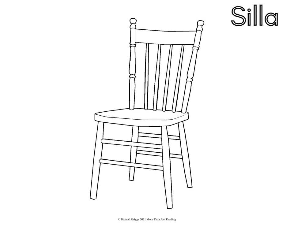 Silla, the Spanish word for chair: students color a wooden chair with a slatted back and turned posts