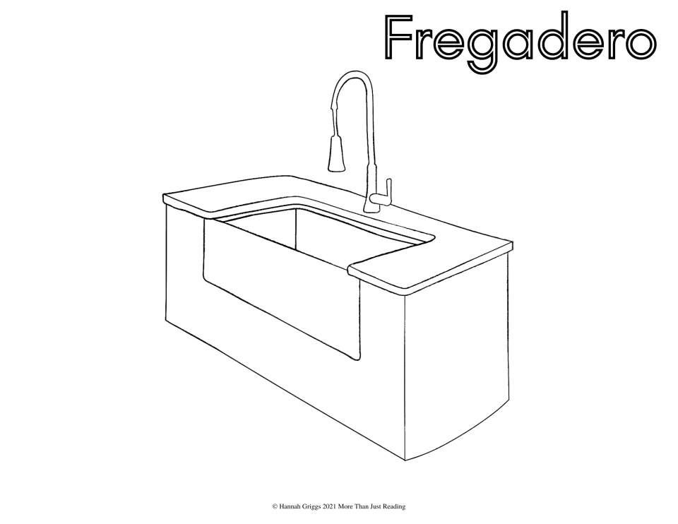 Fregadero, the Spanish word for kitchen sink: students color a sink with a tall curved faucet set in a counter