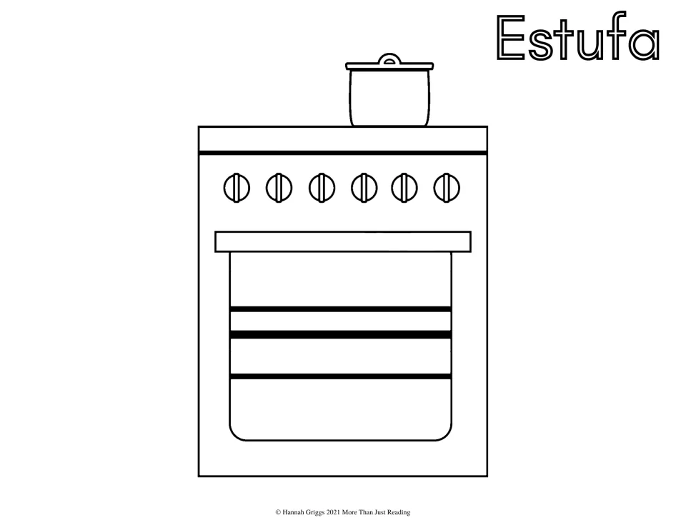 Estufa, the Spanish word for stove: students color a stove with a pot on top, six knobs and an oven door