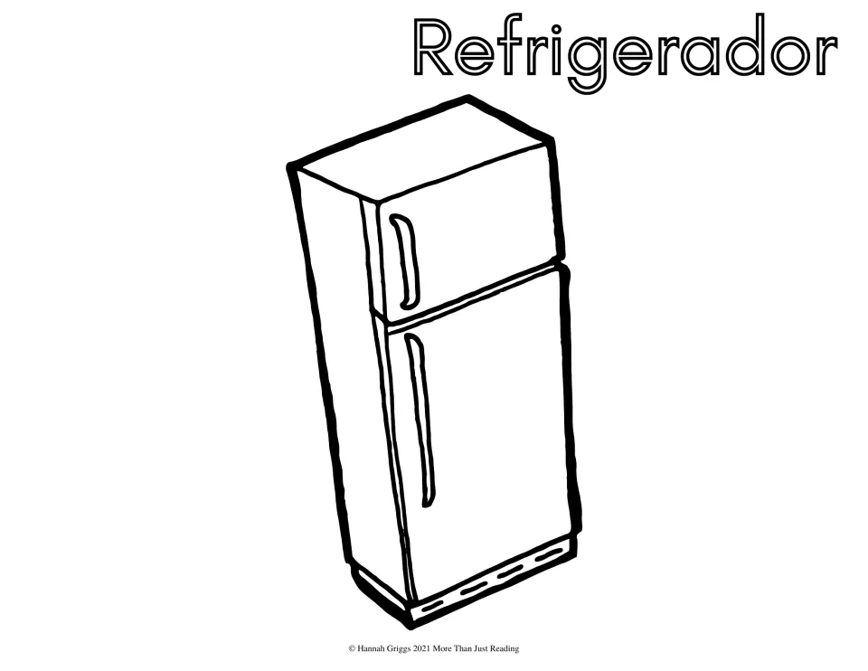 Refrigerador, the Spanish word for refrigerator: students color a fridge with a freezer door above a larger door