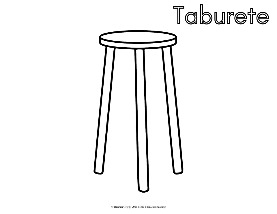 Taburete, the Spanish word for stool: students color a tall round-seat stool with three long legs