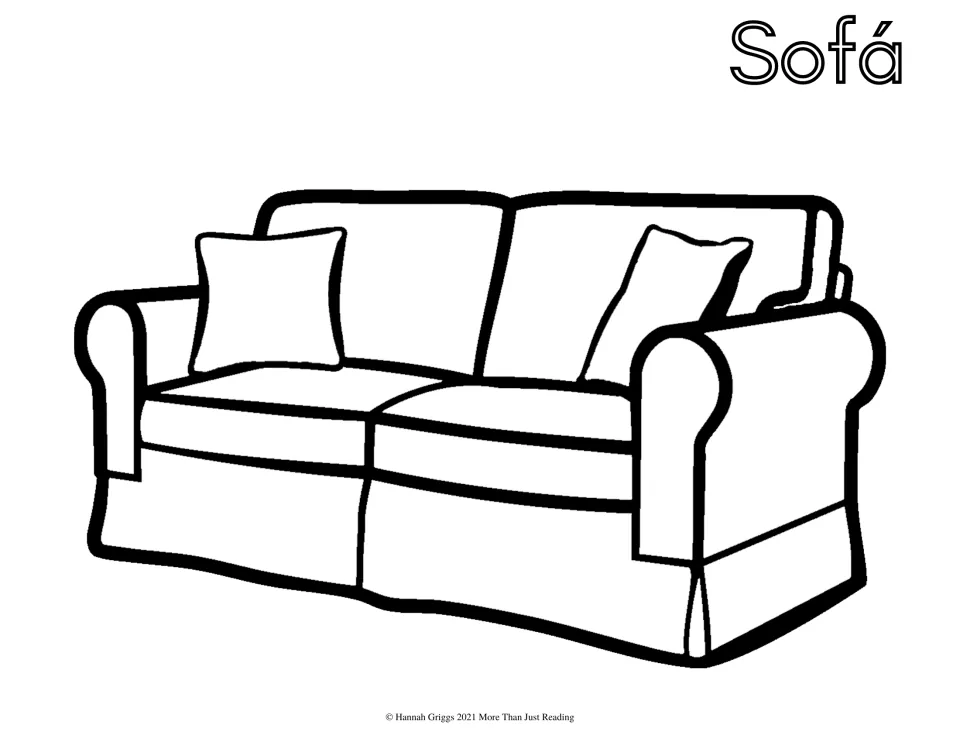 Sofá, the Spanish word for sofa: students color a two-cushion couch with two throw pillows and rolled arms