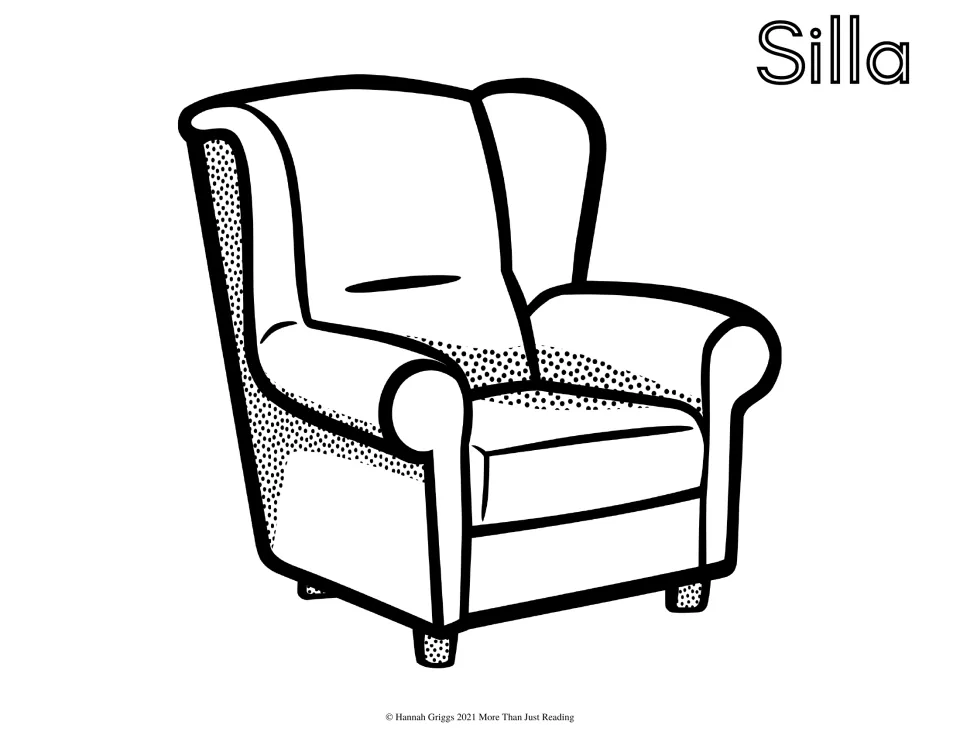 Silla, the Spanish word for chair: students color a cushioned armchair with wing back, rolled arms and dotted shading