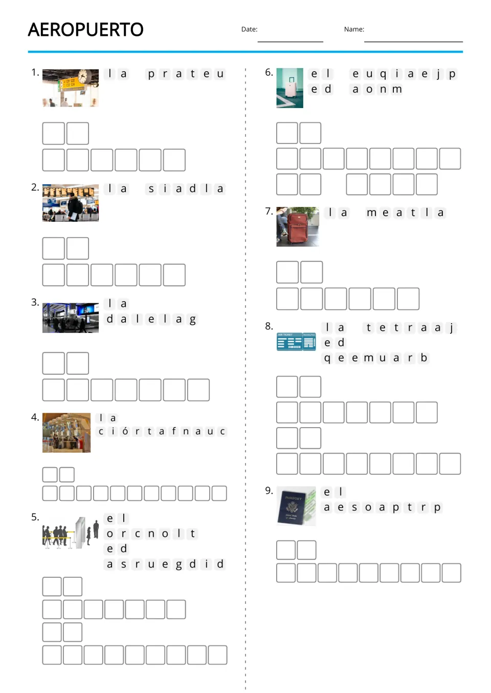 Spanish airport picture anagrams 1–9: la puerta (gate), la salida (departure), la llegada (arrival) and more