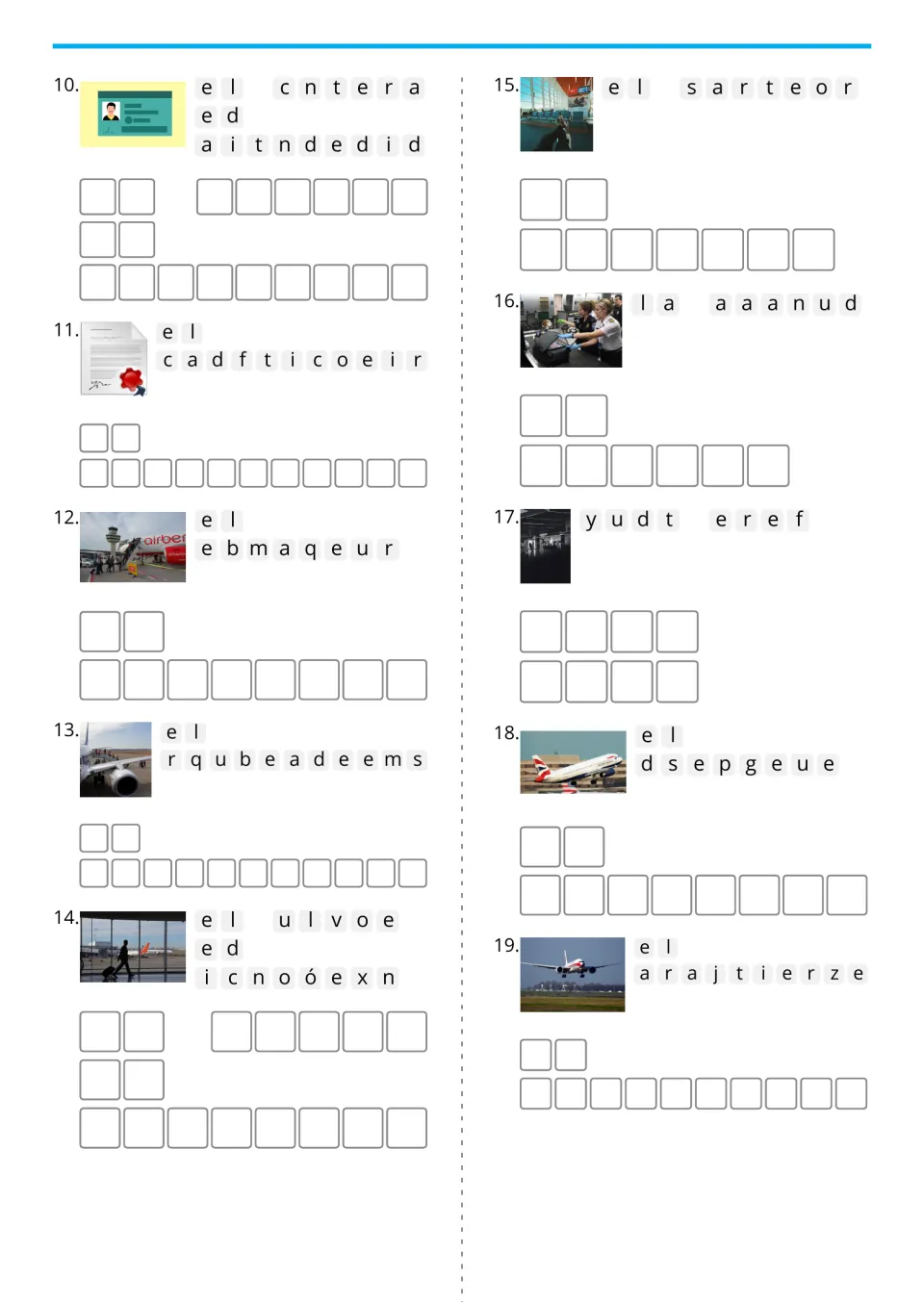 Spanish airport picture anagrams 10–19 include el embarque (boarding), la aduana (customs) and duty free