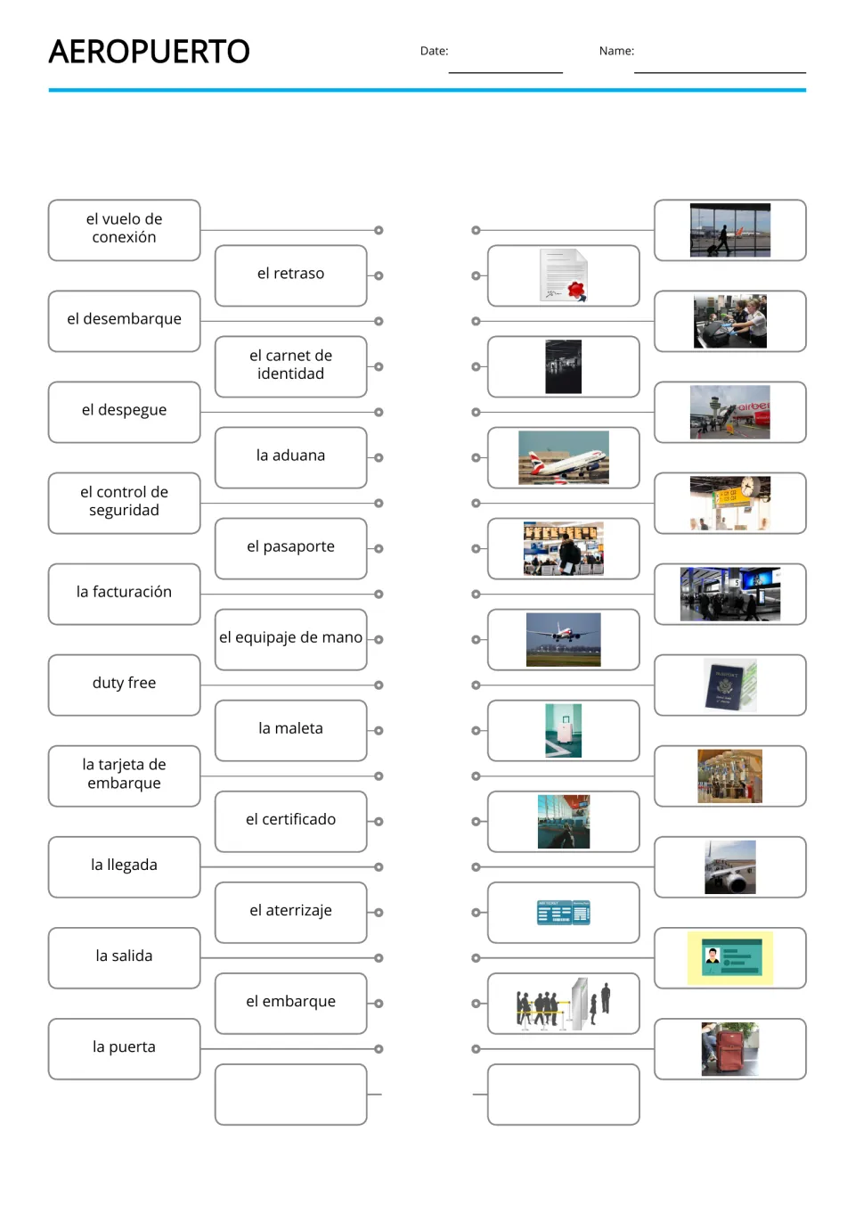 Spanish airport matching activity pairs 19 terms with pictures, including el pasaporte (passport)