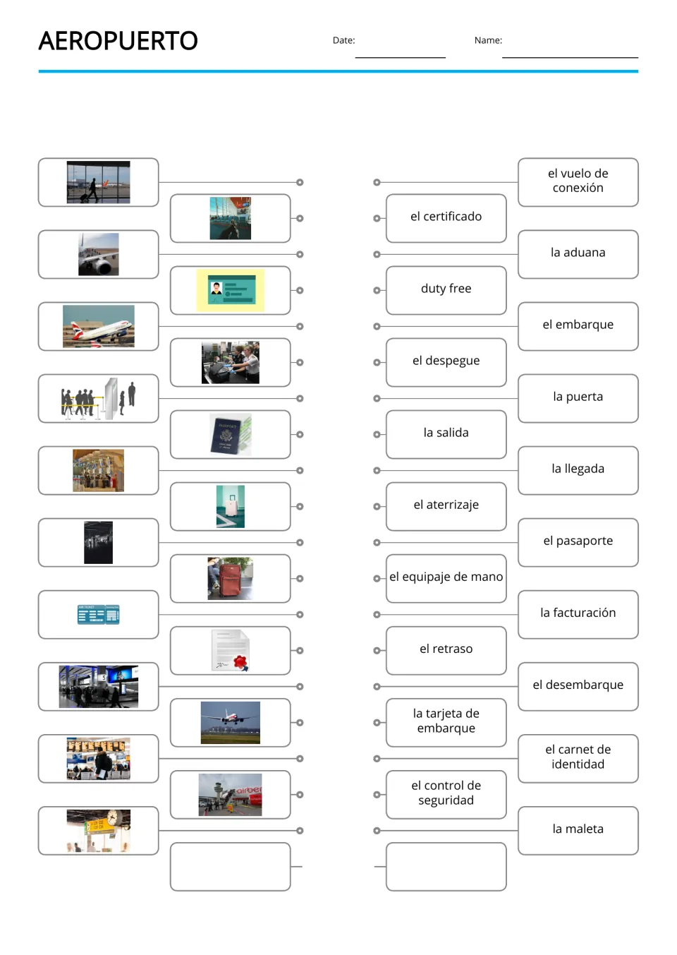 Spanish airport matching activity pairs 19 pictures with terms, including la maleta (suitcase)