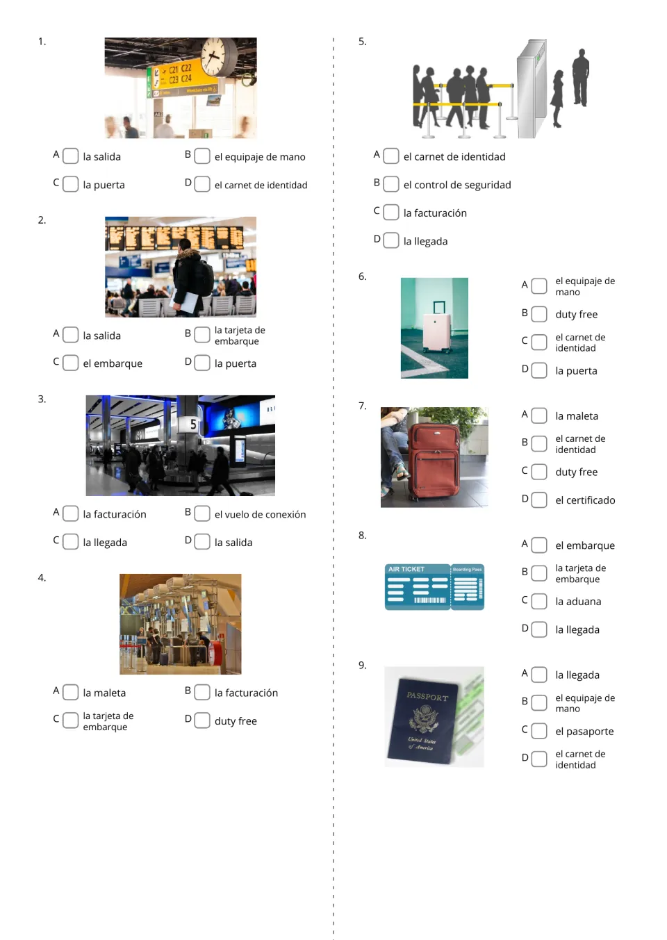 Spanish airport picture quiz 1–9 asks students to choose terms for a gate, luggage, passport and more