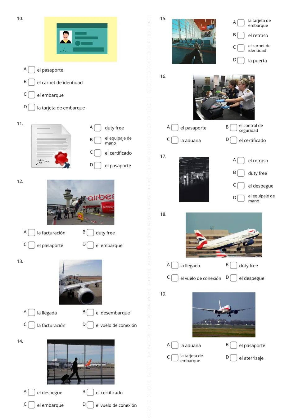 Spanish airport picture quiz 10–19 asks students to choose terms for boarding, customs, landing and more