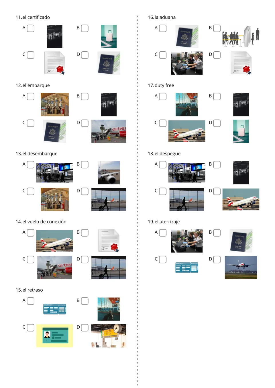 Spanish airport word quiz 11–19 asks students to select pictures for el despegue (takeoff) and more
