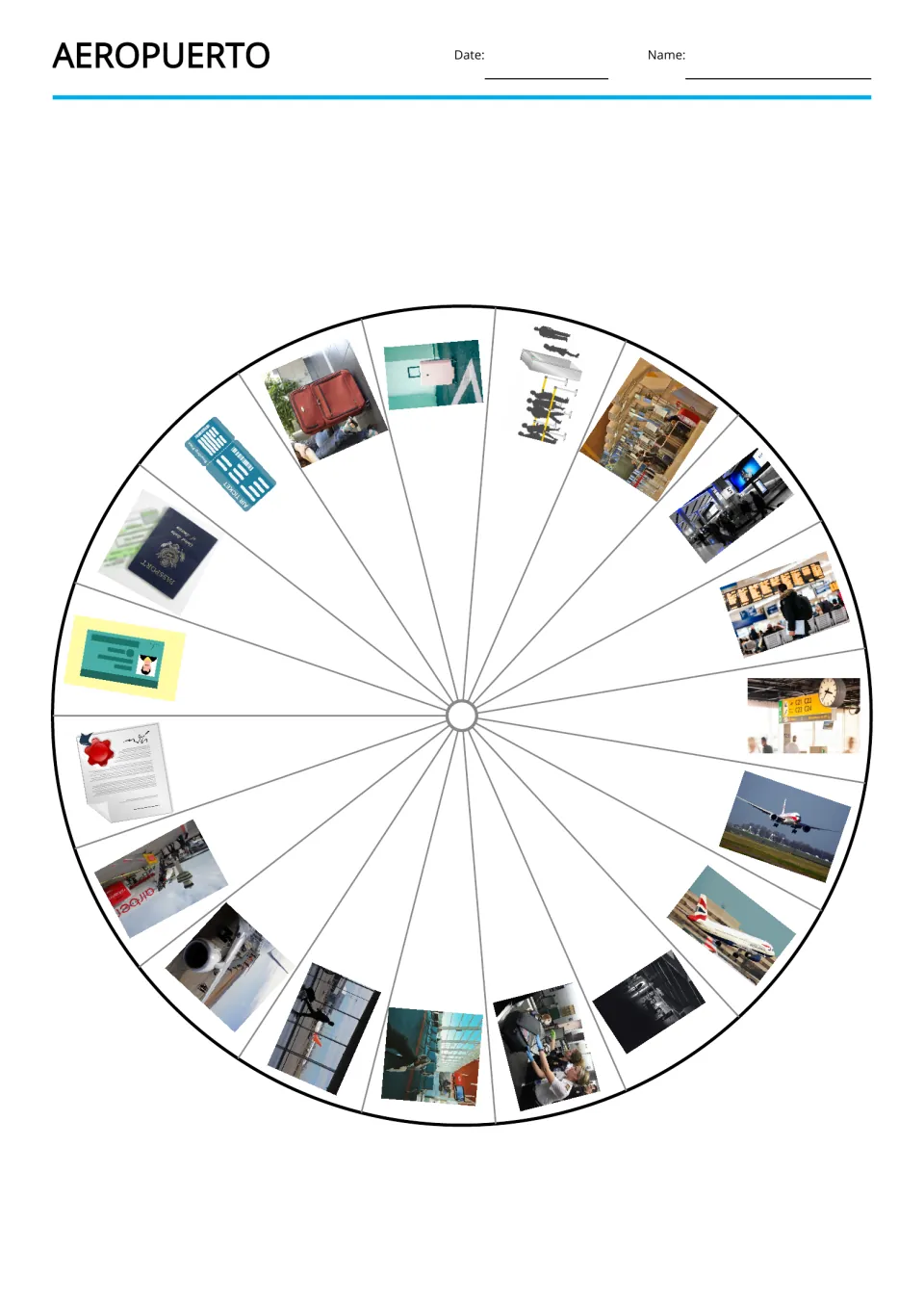 Airport vocabulary picture wheel shows 19 prompts, including a passport, luggage, boarding and landing