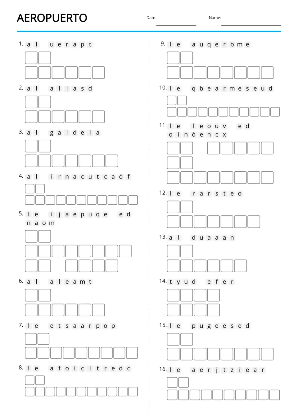 Spanish airport text-only anagrams practice 16 terms, including la puerta (gate) and el retraso (delay)