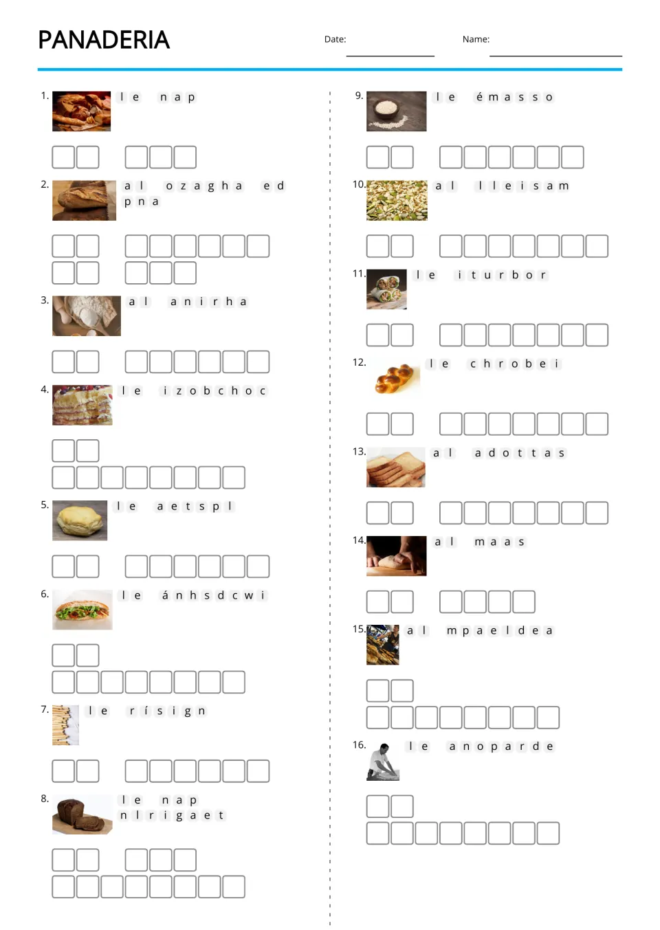Picture-supported anagrams for 16 Spanish bakery terms, including el pan (bread) and la harina (flour)