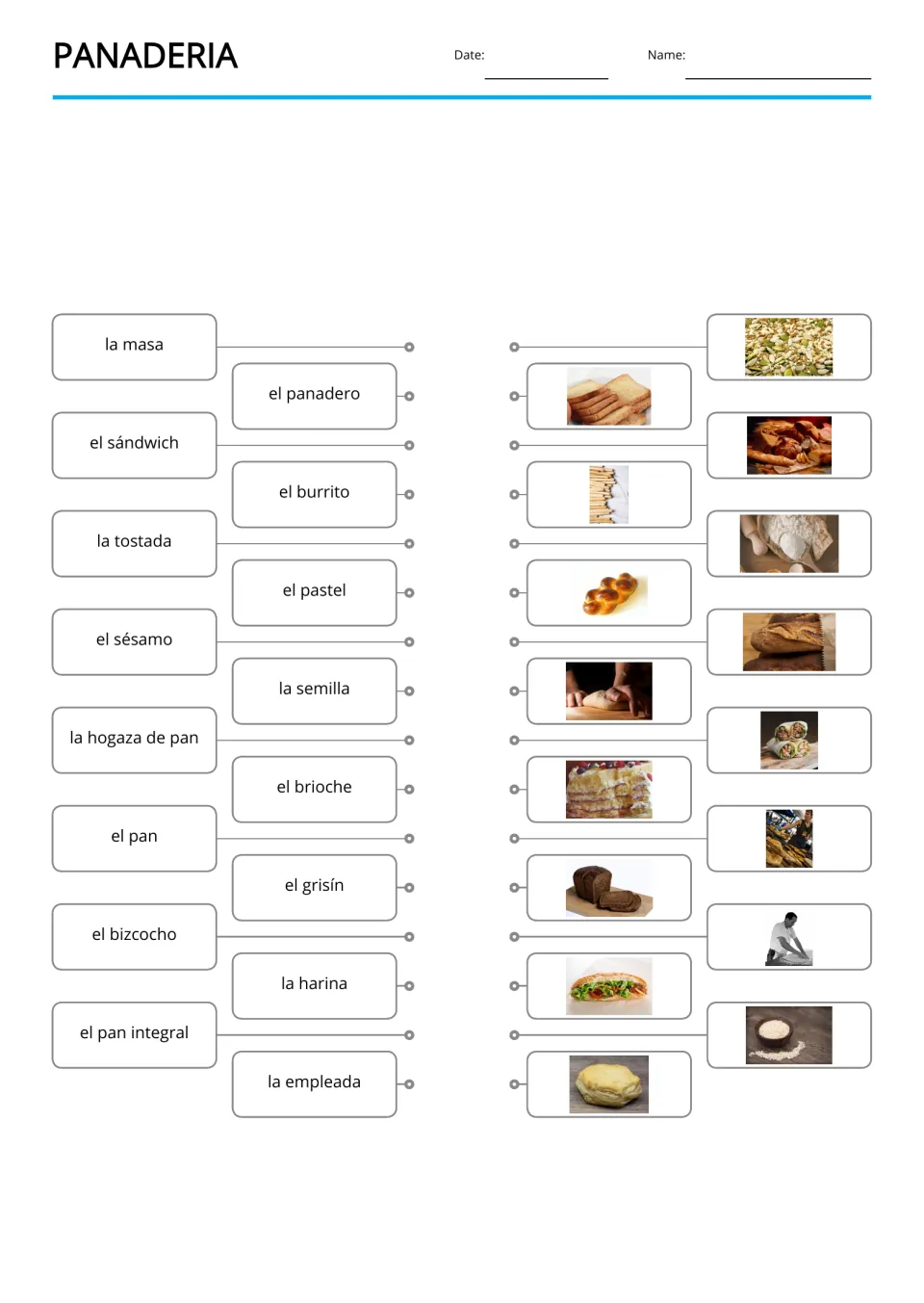 Spanish bakery word-to-picture matching for 16 terms, including la masa (dough) and el panadero (baker)