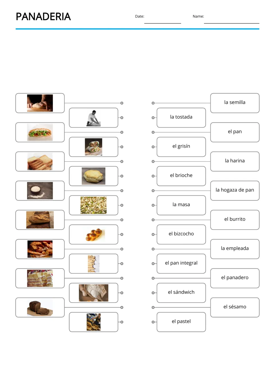 Spanish bakery picture-to-word matching for 16 terms, including la tostada (toast) and la semilla (seed)