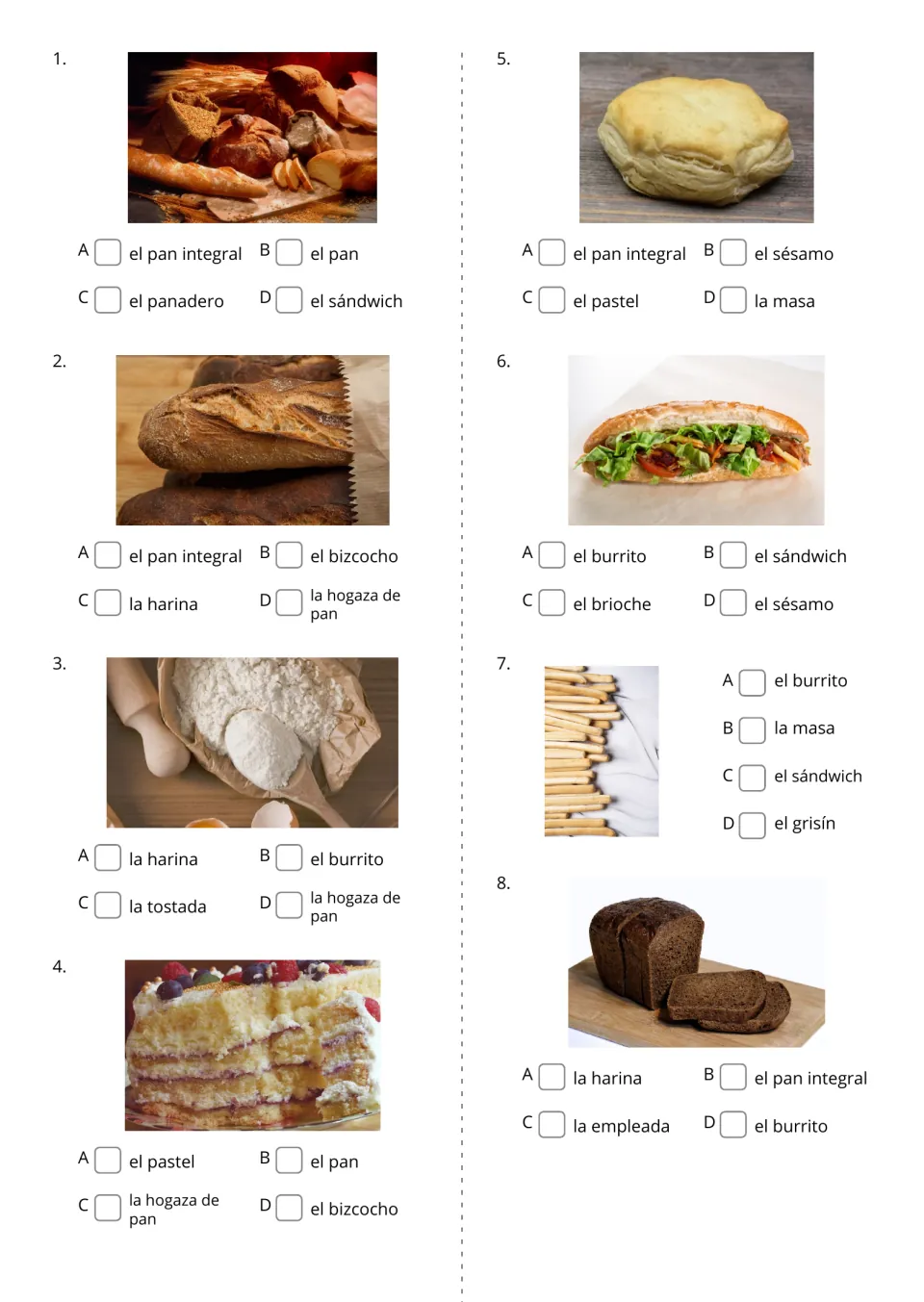 Spanish bakery picture quiz, items 1–8: choose labels for bread, flour, cake, a sandwich, and more