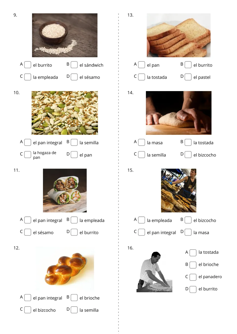 Spanish bakery picture quiz, items 9–16: choose labels for sesame, seeds, a burrito, brioche, and more