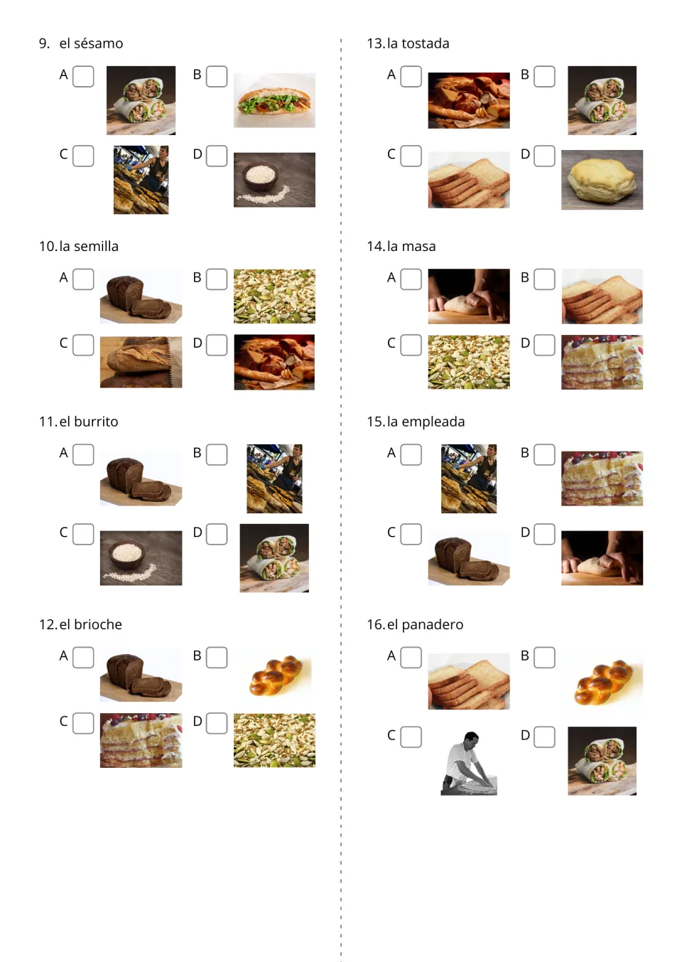 Spanish bakery word quiz, items 9–16: choose pictures for la masa (dough), el panadero (baker), and more