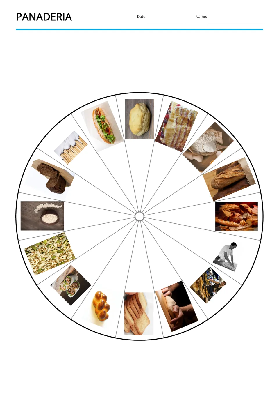 Bakery vocabulary picture wheel showing all 16 subjects, including bread, flour, seeds, and a baker