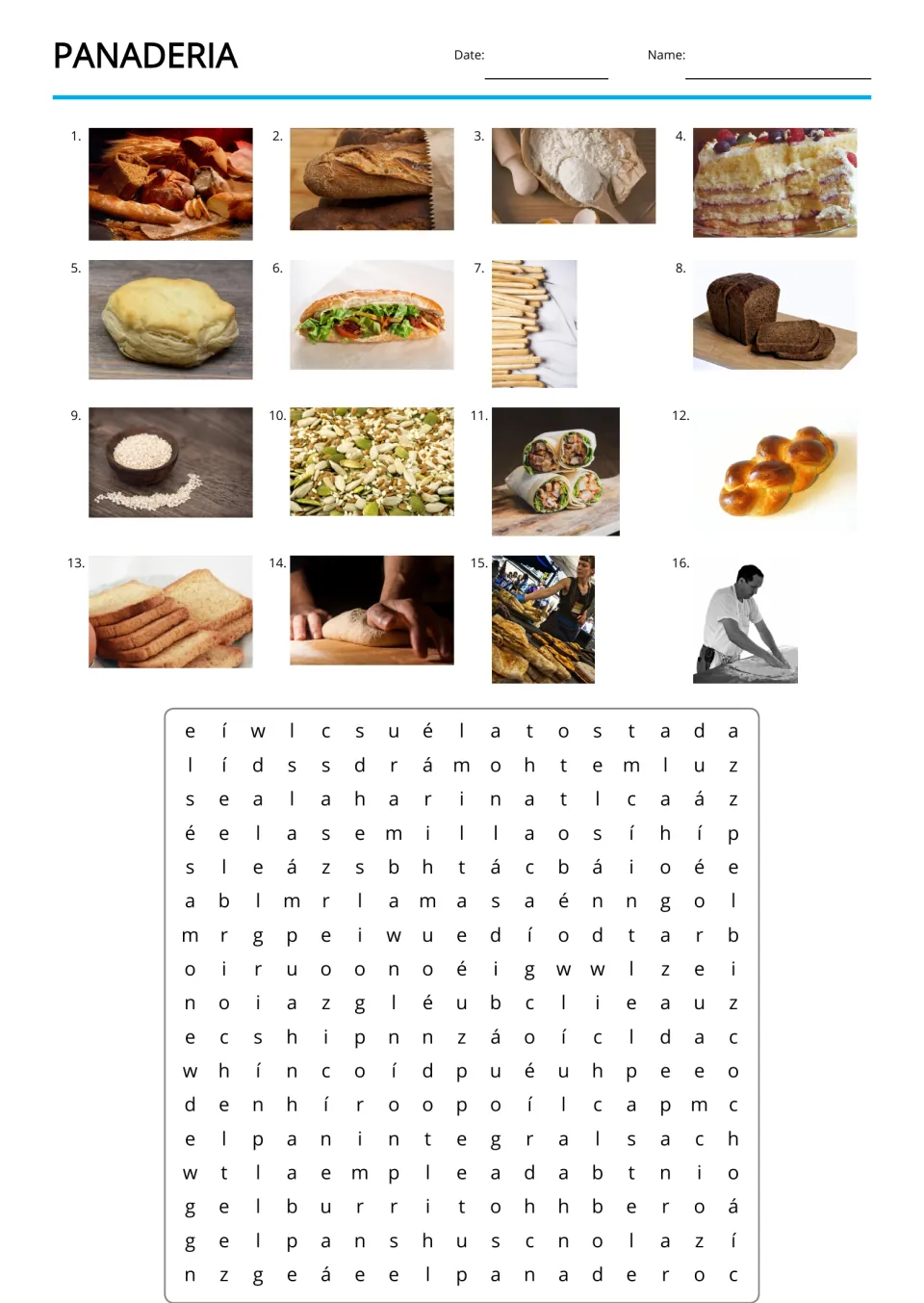 Spanish bakery word search with 16 photo clues, including el pan (bread) and la tostada (toast)