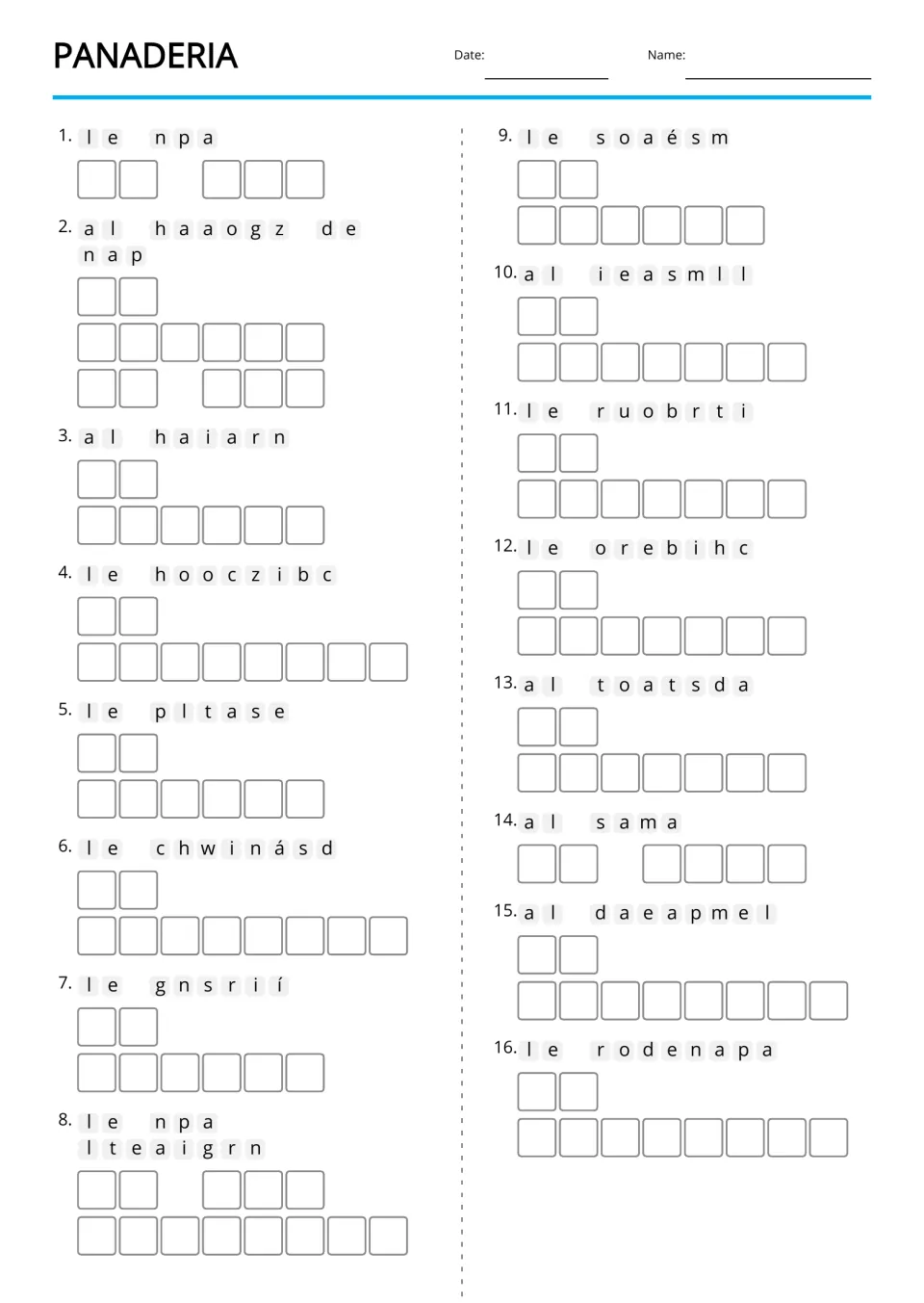 Text-only anagrams for 16 Spanish bakery terms, including el pan (bread) and el pan integral (whole wheat bread)