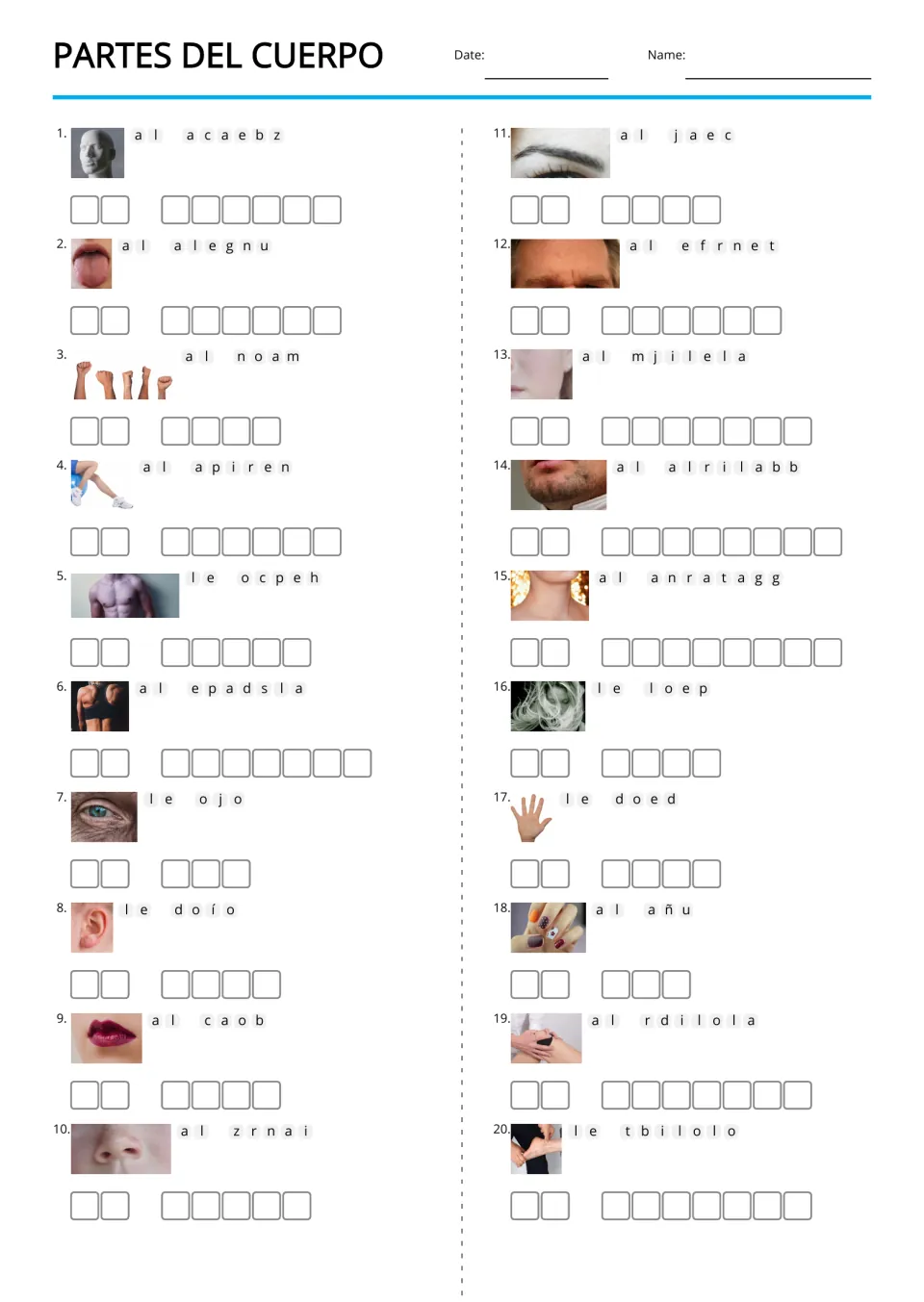 Partes del cuerpo scramble: students unscramble 20 Spanish body-part words, each with its article and a photo clue