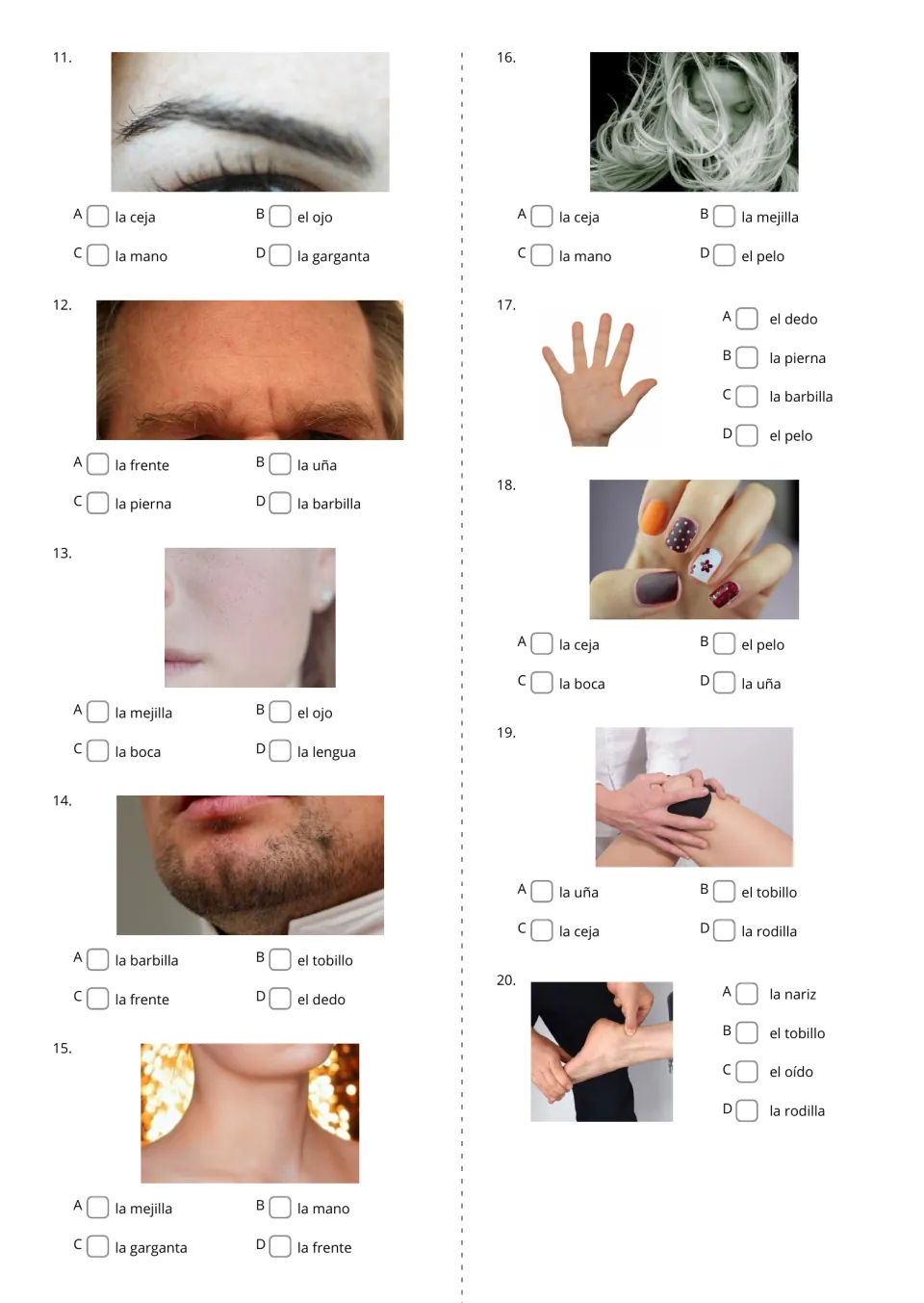 Body-part photo quiz, items 11-20: students choose the Spanish word for photos of an eyebrow, hair, fingernails and more