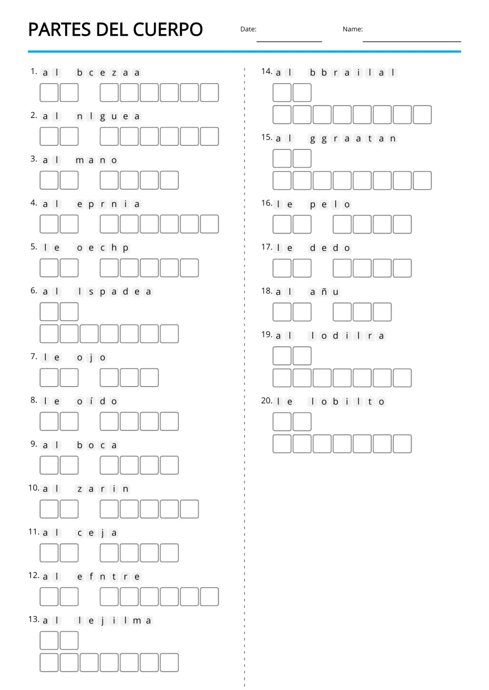 Text-only partes del cuerpo scramble: students unjumble 20 Spanish words and articles, such as a l b c e z a a