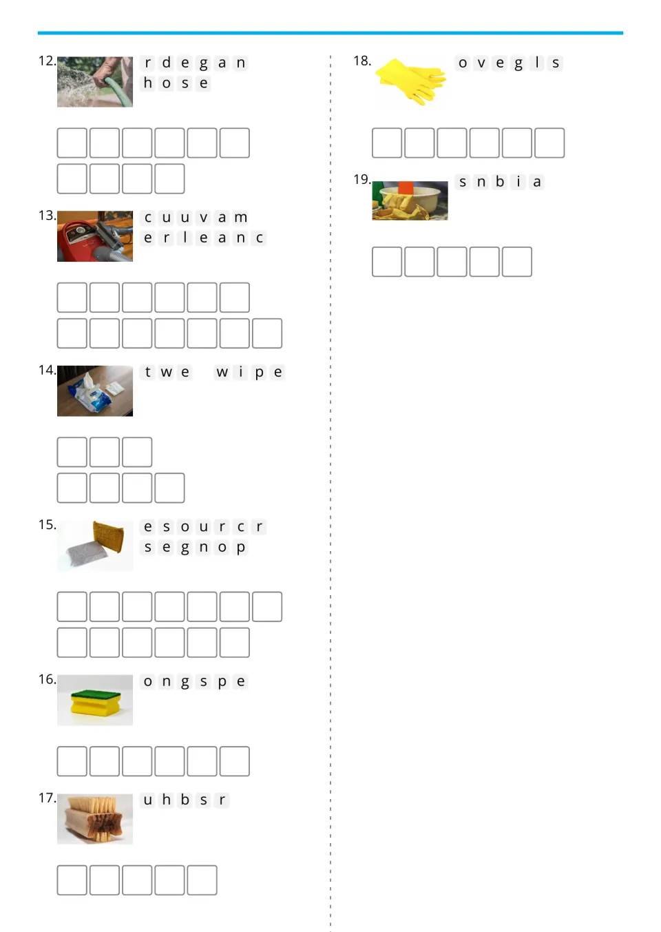 Cleaning vocabulary anagrams 12–19 include garden hose, vacuum cleaner, wet wipe, sponge, and gloves.