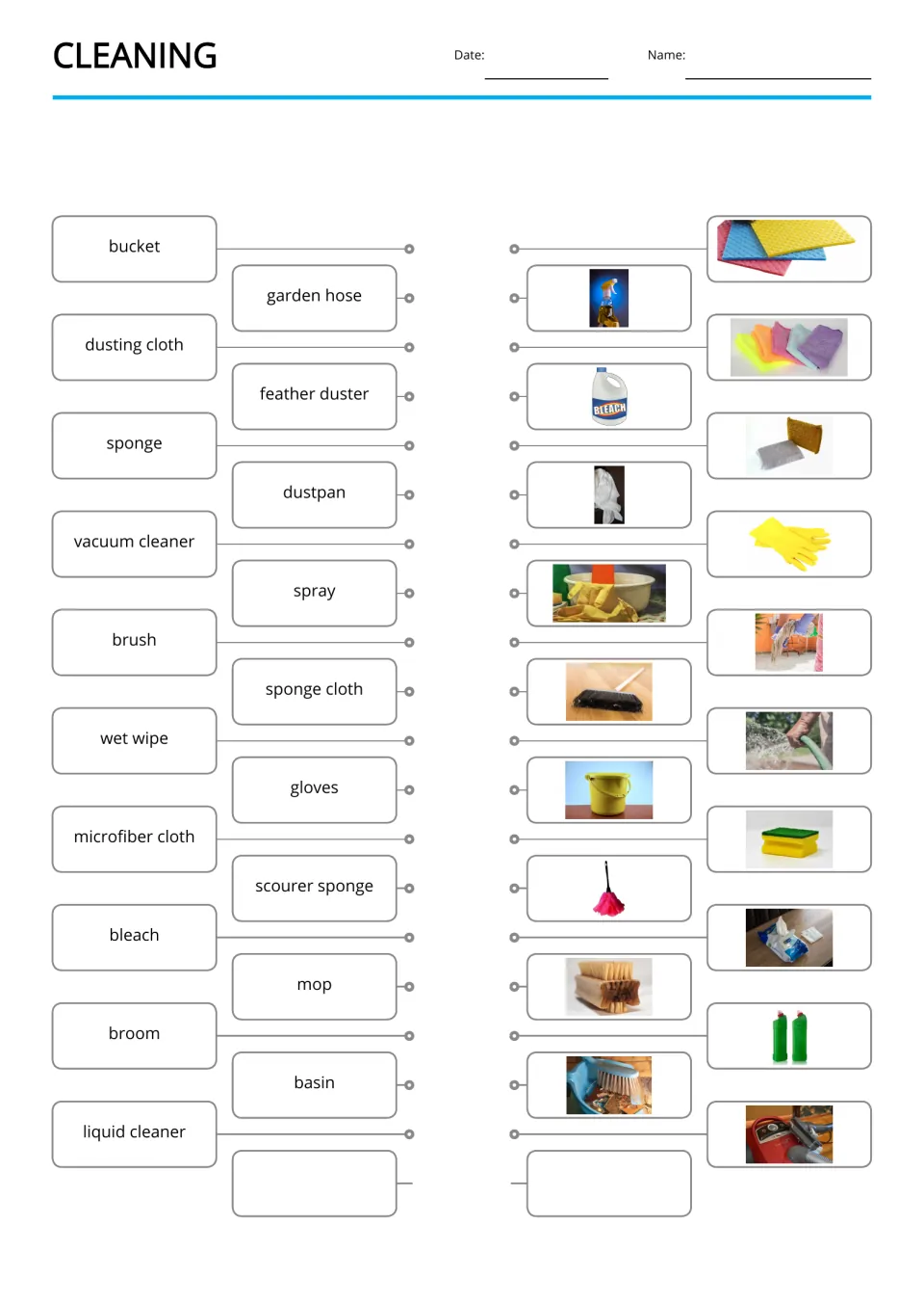 Cleaning word-to-picture matching covers 19 terms, including bucket, dusting cloth, sponge, and brush.