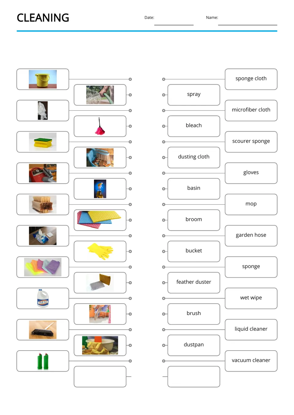 Cleaning picture-to-word matching covers 19 items, including a broom, garden hose, mop, and basin.