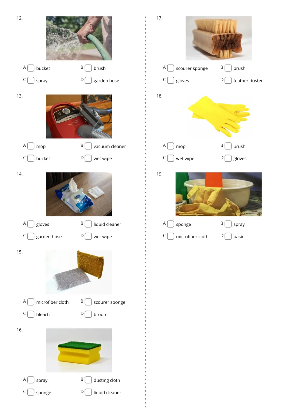 Cleaning picture questions 12–19 offer word choices for garden hose, vacuum cleaner, gloves, and more.