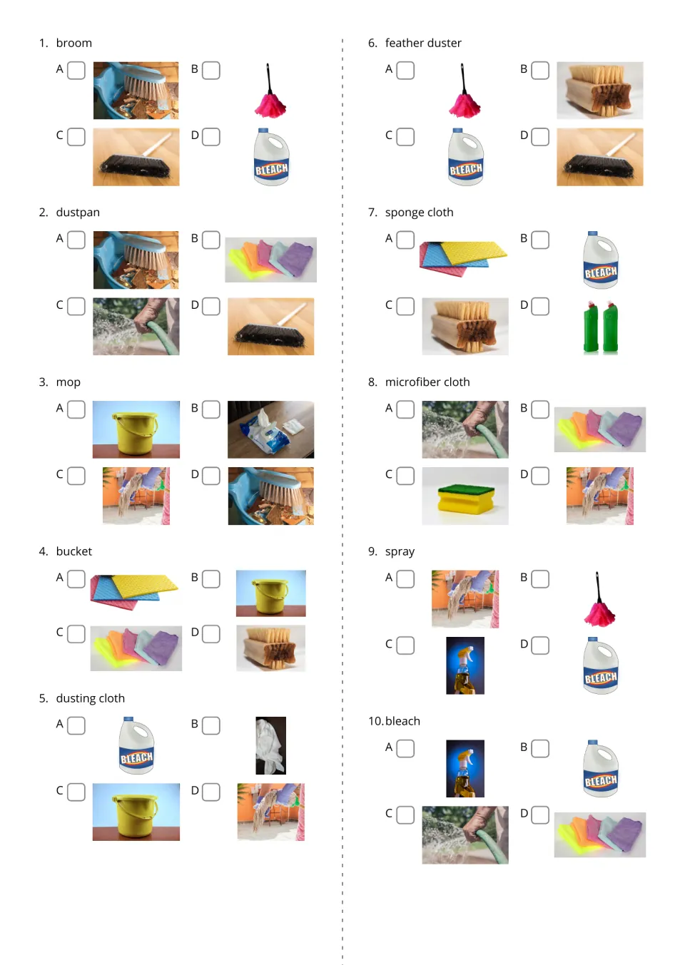 Cleaning word questions 1–10 offer four picture choices each for broom, dustpan, mop, and seven more.